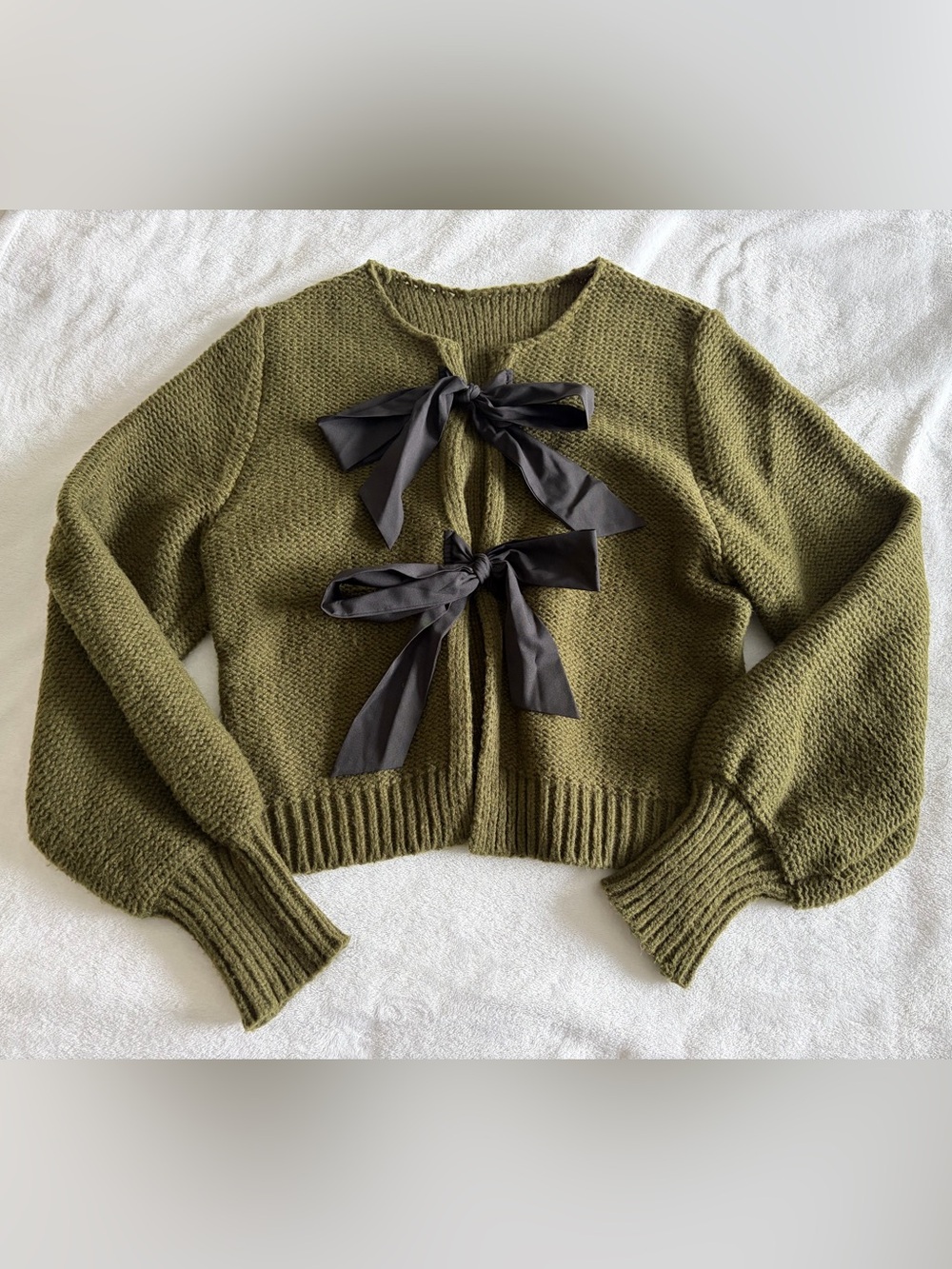 Olive Green Bow-Front Knit Sweater Cardigan